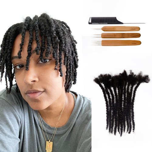 FAMILOCS 100％ Human Hair Textured Locs 6 Inch 0.6cm Width 20 Strands Full Hand-made Dreadlock Extensions for Women/Men Can Be Dyed and Bleached, with Crochet Hook and Comb