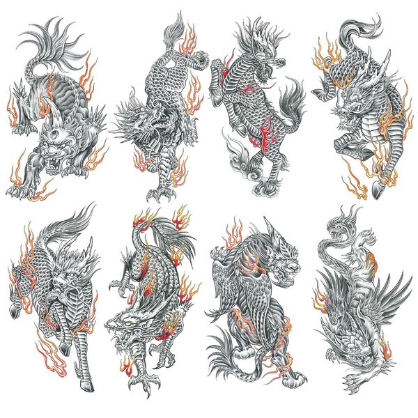 Oottati 8 Sheets Arm Waterproof Temporary Tattoos Black Fire Kylin