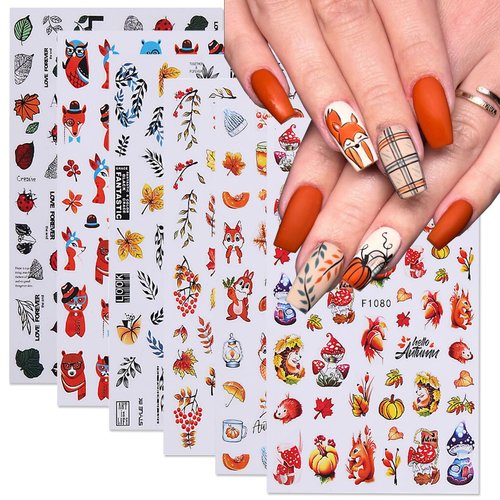 Fall Nail Art Stickers Decals Autumn Maple Leaf Nail Stickers 6PCS 3D Self-Adhesive Fall Leaf Plant Pumpkin Animal Thanksgiving Nail Designs Manicure Decal Accessories for Women Nail Art Decorations