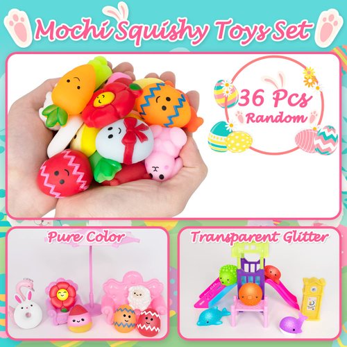 Dioju 36 Pcs Easter Eggs Mochi Squishy Toys Pack, Easter Basket Stuffers Party Favors for Kids, Goodie Bag Pinata Fillers Kawaii Squishies Sensory Toy, Carnival Prizes, Egg Hunt Gifts Treats