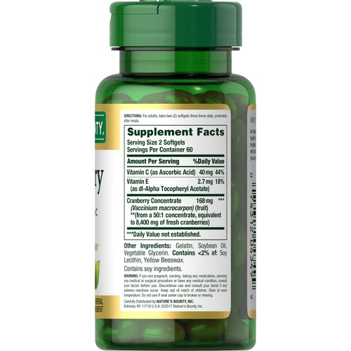Cranberry Pills & Vitamin C by Nature’s Bounty. Herbal Health Supplement provides immune support & promotes urinary health. 4200mg, 120 Softgels, 3 pack
