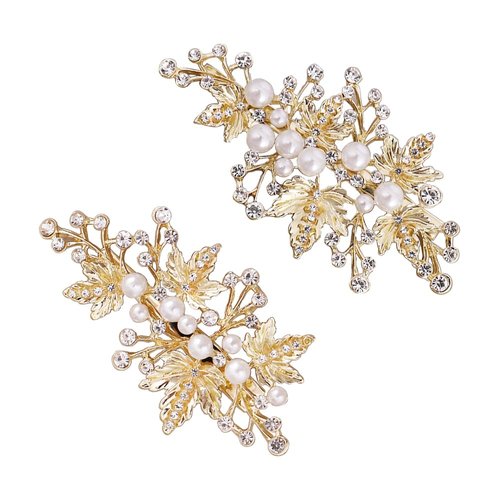 2 Pcs Gold Leaf Hair Clips Barrettes Pearl Rhinestone Duckbill Hairpins Bridal Hair Pins Hair Accessories for Wedding Party Daily