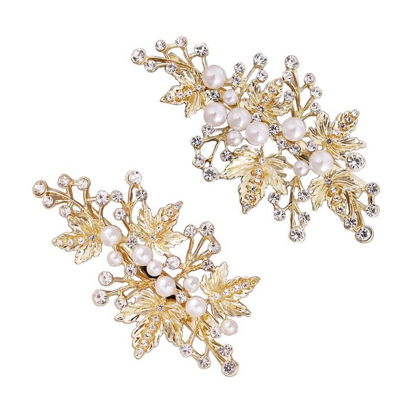 2 Pcs Gold Leaf Hair Clips Barrettes Pearl Rhinestone Duckbill Hairpins Bridal Hair Pins Hair Accessories for Wedding Party Daily