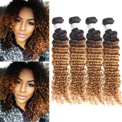 Ombre Body Wave Human Hair 4 Bundles Deep Wave Human Hair Weave 1B/30 Human Hair Extensions (18 18 18 18, T1B/30)