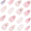 Rilafuvu Short Press on Nails Almond Fake Nails pearl Glue on Nails 3D Butterfly and Wave Acrylic Nails Flower Floral Nail Press ons Nude Stick on Nails for Women and Girls 24Pcs