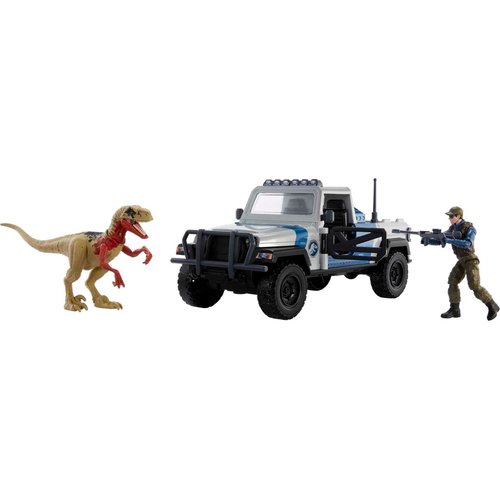 Mattel Jurassic World Search 'n Smash Truck Set with Atrociraptor Dinosaur & Human Action Figure, Vehicle with Destruct Features