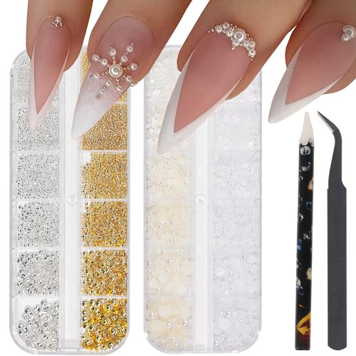 HNUIX Nail Art Charms - Metal Silver & Gold Beads, Flat back Round Rhinestones, Small Nail Pearls, 3D Mixed Sizes Decorations for Nails