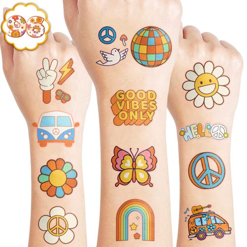 96PCS Groovy 70s Temporary Tattoos Birthday Party Decorations Favors Flower Power Good Vibes Retro Cute Tattoos Sticker Gift for Kids Boys and Girls, Prizes Themed Baby Shower Supplies