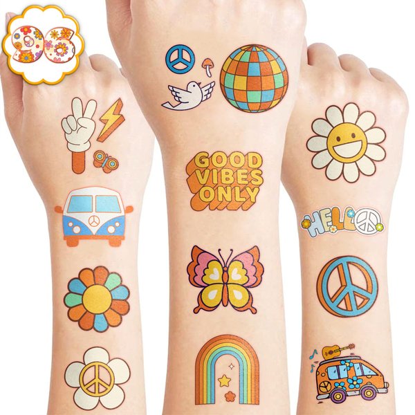 96PCS Groovy 70s Temporary Tattoos Birthday Party Decorations Favors Flower Power Good Vibes Retro Cute Tattoos Sticker Gift for Kids Boys and Girls, Prizes Themed Baby Shower Supplies