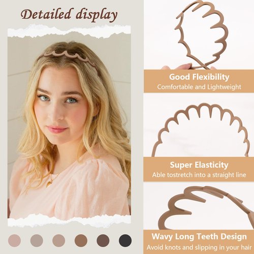 6PCS Plastic Headbands for Women Non Slip Wavy Headband with Teeth Thin Headbands for Girls Hair Comb Headband Hair Accessories for Women Christmas Gifts