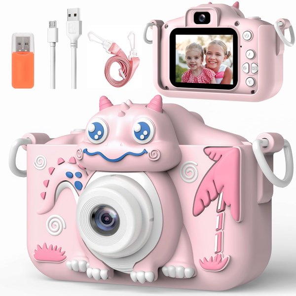 Kids Toys Camera, Children HD 1080P Digital Video Camera for Age 3-12 Boys Girls with Cartoon Soft Silicone Cover -Best Birthday Chritmas Festival Gift for Kid -32G SD Card Included Pink