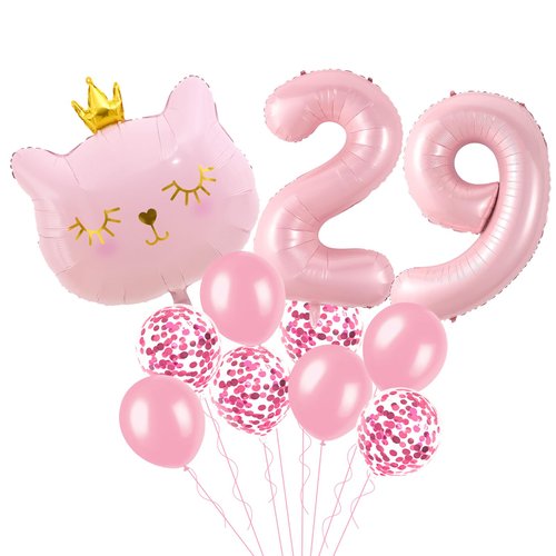 Cat Birthday Decorations, Cat Balloons, Pink 29 Balloon Numbers 40 inch, Cat Themed Birthday Party Decorations, 29 Balloons for Girls Birthday Party Decorations