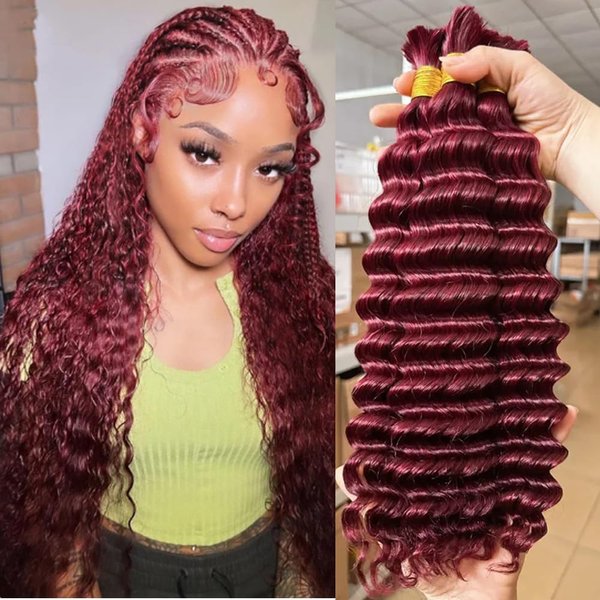 Burgundy Braiding Hair 100g Deep Wave 2 Bundle Bulk Human Hair for Braiding Deep Curly 100% Remy Human Hair Extensions for Boho Curly Wave Braids 99J Red Braiding Hair (99J, 24 Inch)