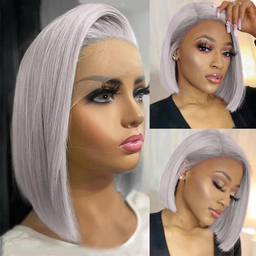 Munx Human Hair Lace Front Wigs 13x4 Straight Bob Wigs HD Transparent Unprocessed Human Hair Pre Plucked Grey Blunt Cut Bob Wig with Baby Hair Natural Hairline for Black Women 12”, #Grey
