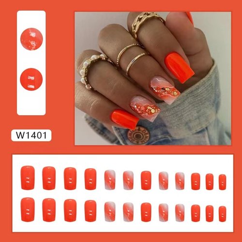 Orange Press on Nails Medium Square Fake Nails Marble Texture Glossy False Nails with Glitter Gold Foil Design Stick on Nails Full Cover Acrylic Glue on Nails for Women Girls Manicure 24Pcs