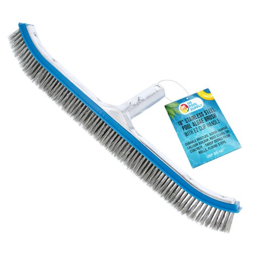 U.S. Pool Supply Professional 18" Stainless Steel Pool Algae Brush with EZ Clip Handle - Durable Bristles, Scrub Remove Calcium Buildup, Rust Stains on Concrete - Sweep Debris from Walls, Floors Steps