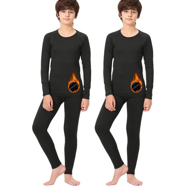 Rolimaka 2 Pack Youth Boys' Thermal Underwear Set Fleece Lined Compression Shirt Leggings Sports Tights Pants Big Kids' Base Layer M