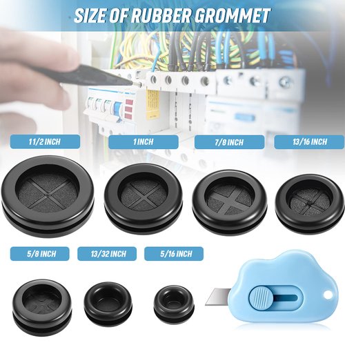 Round Rubber Plug Hole Grommet Kit 7 Sizes Black Double Sided Electrical Firewall Gasket Kit with Retractable Box Knife for Protecting Cable Wire Hole Plug Assortment Automotive Supply (52 Pieces)