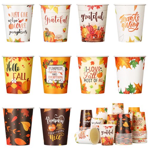 Fulmoon 100 Pcs Fall Thanksgiving Disposable Cups 9 oz Paper Coffee Cups Autumn Maple Leaves Pumpkin Cups for Kids Adults Holiday Thanksgiving Party Supplies, 10 Styles