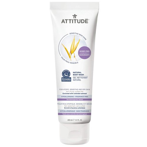 ATTITUDE, Natural Body Wash for Sensitive Itchy and Dry Skin SulfateFree Certified by NEA FragranceFree, 8.1 Fl Oz