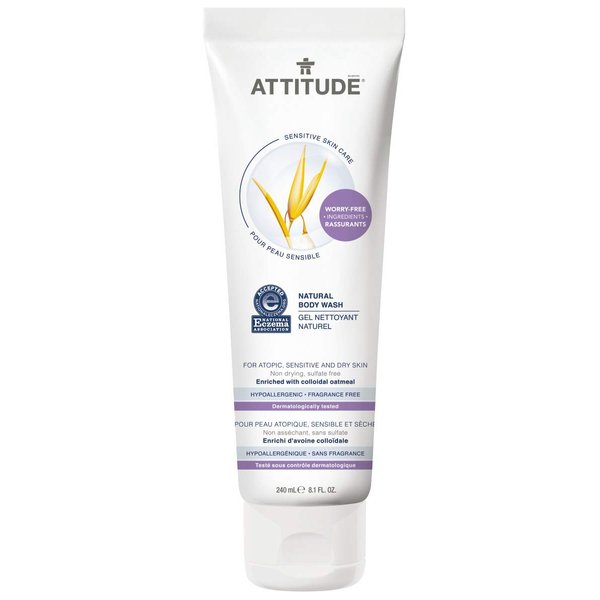 ATTITUDE, Natural Body Wash for Sensitive Itchy and Dry Skin SulfateFree Certified by NEA FragranceFree, 8.1 Fl Oz