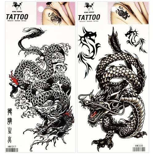 Black Chinese Dragon Waterproof Temporary Tattoo for Man Women Fake Tattoos Arm Leg Chest Shoulder Sticker Decal Festival Body Paint (Pack 2 PCS.)