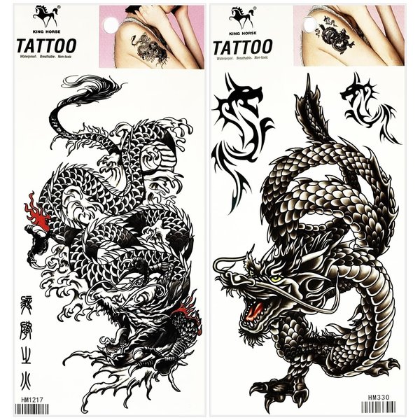 Black Chinese Dragon Waterproof Temporary Tattoo for Man Women Fake Tattoos Arm Leg Chest Shoulder Sticker Decal Festival Body Paint (Pack 2 PCS.)