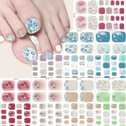 8 Sheets Toe Nail Wraps Semi Cured Gel Toe Nail Strips Glitter Foil Nail Strips Stickers Self-Adh...