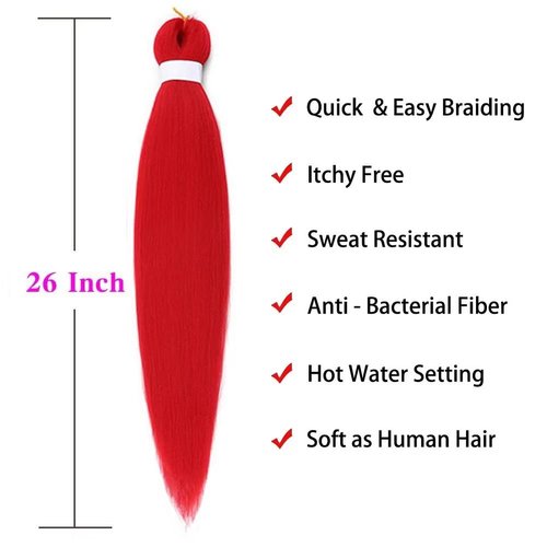 Red Braiding Hair Pre Stretched Easy Braiding Hair Yaki Texture Professional Synthetic Braiding Hair 26 Inches Braids Hot Water Setting for Box Crochet Hair Extensions (3pcs,Red)
