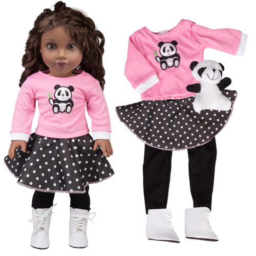 5pc Poodle Skirt Outfit w Panda Plush- 18" Doll Clothes & Accessories Compatible w American Girl Dolls- Set Includes Shirt, Skirt, Leggings, Shoes, & Pet Panda- Great Gift for Girls