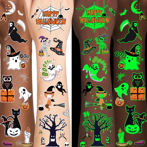 Glow Halloween Temporary Tattoos, Luminous Halloween Tattoos, Halloween Party Favors, Halloween Birthday Party Decorations Supplies, Halloween Gifts for Girls Boys