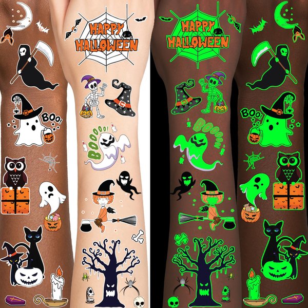 Glow Halloween Temporary Tattoos, Luminous Halloween Tattoos, Halloween Party Favors, Halloween Birthday Party Decorations Supplies, Halloween Gifts for Girls Boys