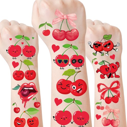 Funny Cherry Temporary Tattoos Stickers - 6 Sheets 96 Pcs Cherry Birthday Party Decorations Red Cherries Fake Tattoo for Kids Girls Fruit Themed Favors Supplies School Classroom Prizes Rewards