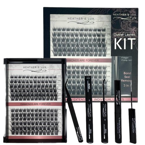 HEATHER’S LUX DIY Eyelash Lash Extension Kit Lash Clusters Lash Kit With 144 Pieces, Tweezers, Bond, Seal & Glue Remover, Reusable Individual Segment Lashes (Midnight Kiss)