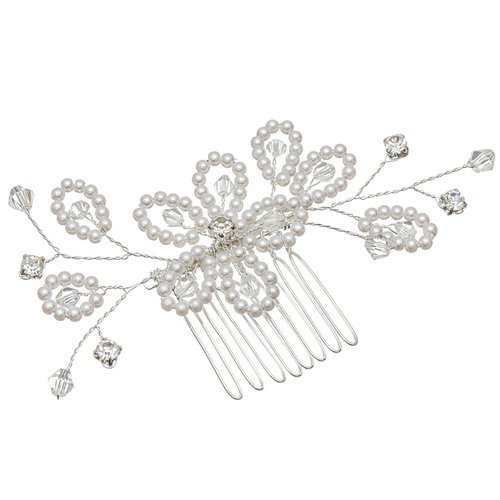 SAMKY Handmade Faux Pearl Crystal Bead Flower Leaf Bridal Wedding Tiara Comb - Silver Plated FC019