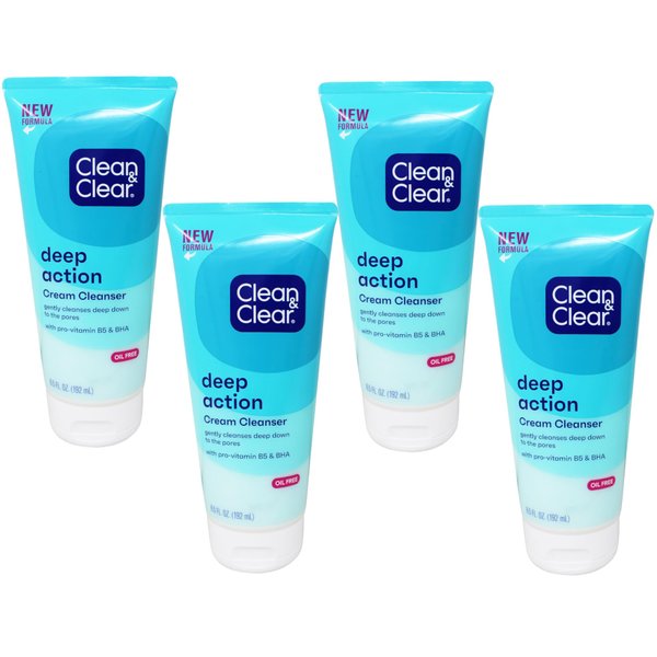 Clean & Clear Deep Action Cream Facial Cleanser for Sensitive Skin, Gentle Daily Face Wash with Oil-Free, 6.5 oz (Pack of 4)