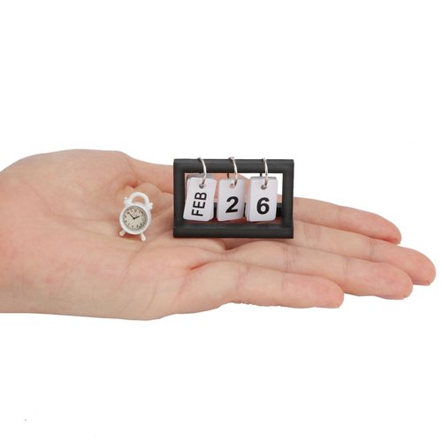 Dollhouse Desk Calendar & Alarm Clock 2Pcs Miniature Three-Dimensional Calendar Model for DIY Craft Standing Flip Monthly Calendar Doll House Accessory Props Bedroom Decor Ornaments (Black)
