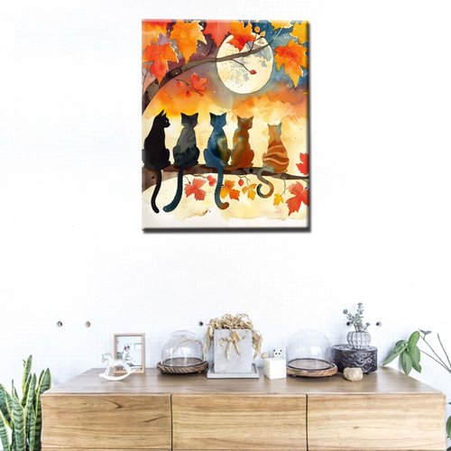 Animal at Full Moon Paint by Number Five Cat Sat on Tree Brach DIY Painting on Canvas with Brushes Acrylic Paints Wildlife Paint by Numbers for Adults and Kids Beginner 16x20 Inch（without Frame）