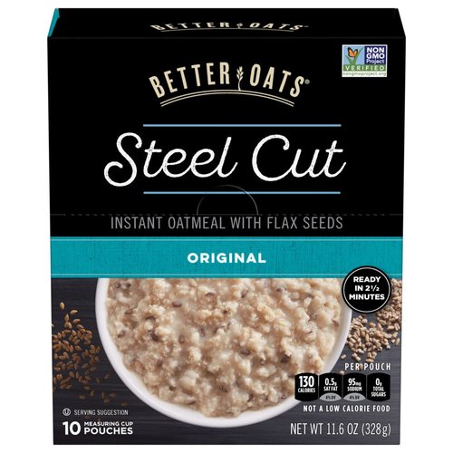 Better Oats Original Steel Cut Oatmeal Packets, Instant Oatmeal Packets with Steel Cut Oats and Flax Seeds, Quick Oatmeal Pouches Ready in 2.5 Minutes, Original Flavor, Pack of 10, 11.6 OZ Pack