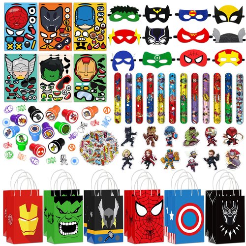 Superhero Party Favors, 122 Pcs Superhero Birthday Party Decorations include a Face Stickers, Gift Bags, Masks, Slap Bracelet, Stickers, Button Badges, Stamps, Best Gift Bag Filler for Themed Party