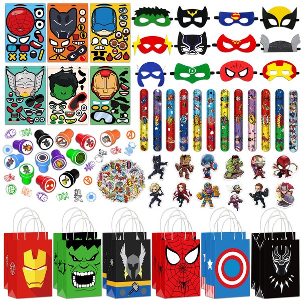 Superhero Party Favors, 122 Pcs Superhero Birthday Party Decorations include a Face Stickers, Gift Bags, Masks, Slap Bracelet, Stickers, Button Badges, Stamps, Best Gift Bag Filler for Themed Party