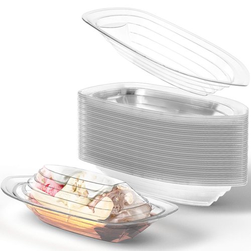 Super Fun, Recyclable Banana Split Boats 50 Pack. Best Long, 12 Oz + 8 Oz Combo of Disposable Bowls With Lids for Ice Cream Sundaes. Perfect Clear Plastic Sunday Cups for Kids Birthday Parties.