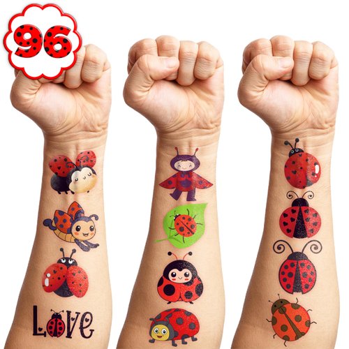 96 PCS Ladybug Temporary Tattoos Sticker Bug Birthday Party Decorations Supplies Favors Celebration Gifts for Girls Boys Baby Showers Prizes Cute Beetle Tattoo School Reward Themed