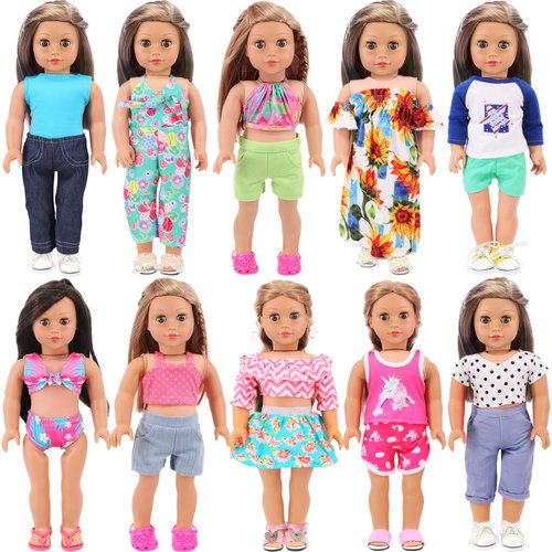 Ecore Fun 10 Sets American 18 Inch Doll Clothes - 18 pcs Doll Clothing Doll Outfits Dress Swimsuits Jumpsuit Tights for 18 Inch Dolls Christmas Birthday Gift