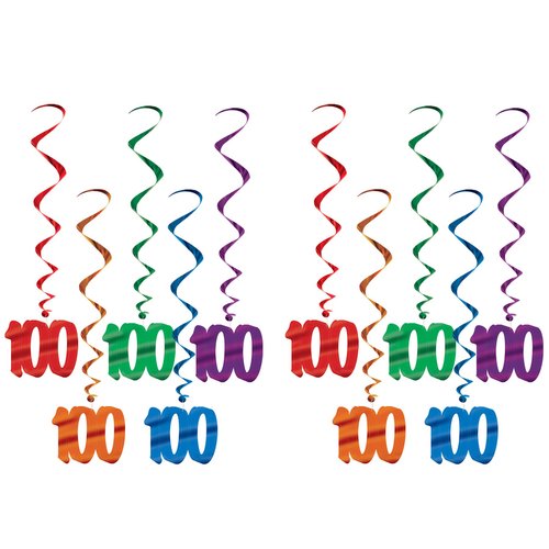 Beistle 10 Piece Colorful Number 100 Spirals Whirls for 100th Day Celebrations, Birthday Party Decorations, 3', Red/Orange/Green/Blue/Purple