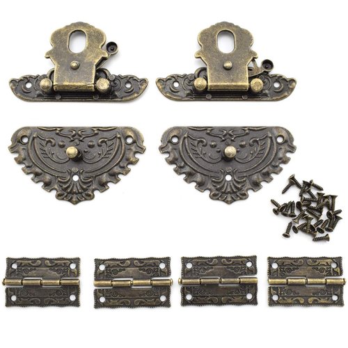 SDTC Tech Retro Jewelry Box Hinge and Engraved Vintage Bronze Hasp Latch with Matching Screws Kit for Decorative Cabinet Small Antique Wooden Box Hand Crafts Project (2X Hasp Catch + 4X Hinges)