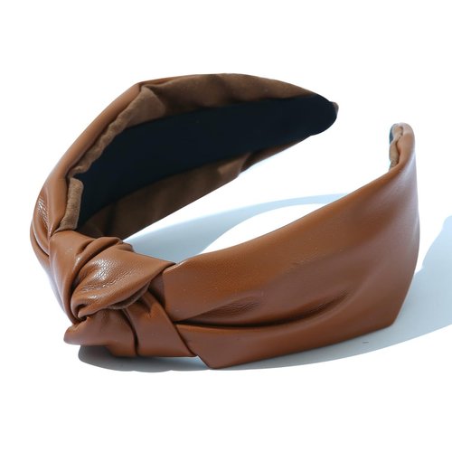 FEDANS Leather Knotted Headbands for Women Brown Headband Luxury Wide Leather Top Knot Hairband Non Slip Fashion Elegant Ladies Hair Band