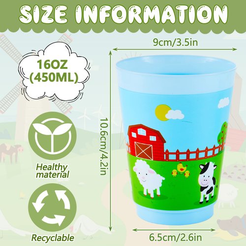Tessco 24 Pieces Farm Animal Cup for Kids Farm Animals Plastic Cups Blue Animal Drinking Cups 16 oz Plastic Reusable Kids Race Cups for Farm Birthday Party Decorations Supplies