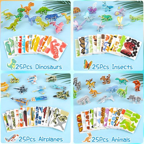 CCINEE 100 Pcs Educational 3D Cartoon Puzzle Toys for Kids,3D Animal Dinosaur Airplane Insect Learning Educational Montessori Toys Paper Puzzle Game for DIY Crafts Birthday Gifts