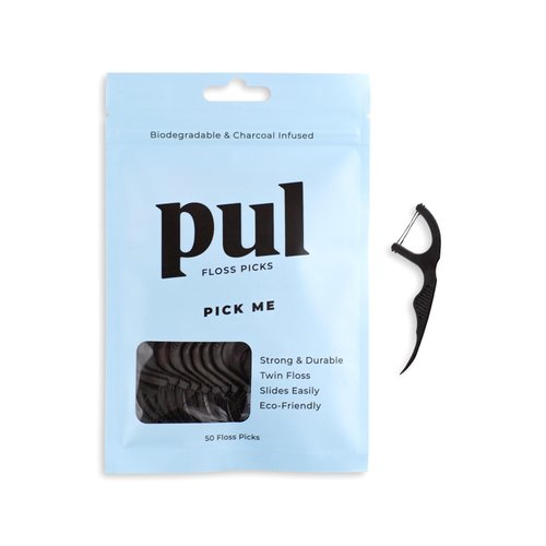 PUL Biodegradable Mint Dental Floss Picks | Eco-Friendly Charcoal Infused Twin Floss System | Strong, Minty Fresh Teeth Flossers | Shred-Resistant & Fluoride Free Dental Picks - 50 Count